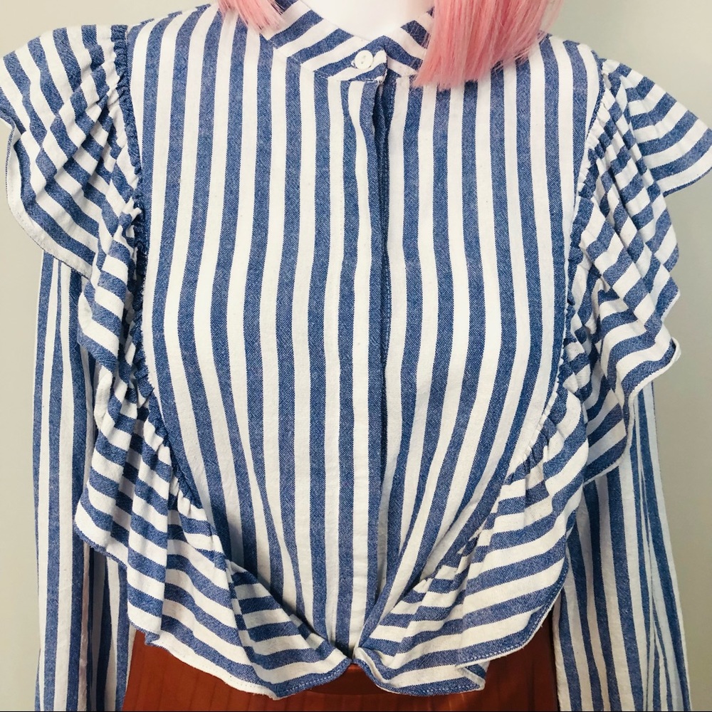 SOLD Blue & White Stripe Cotton Long Sleeve MVN Ruffle Button Up Shirt 12 - Picture 5 of 16